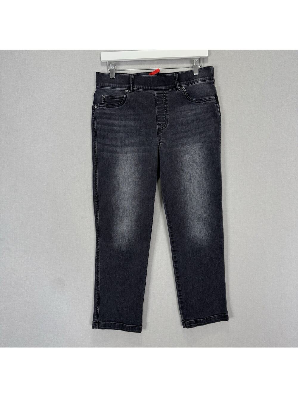 SPANX Straight Leg Jeans Womens Petite Large Vintage Black Pull On Denim Travel